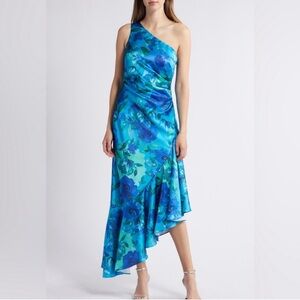 Eliza J women's floral one-shoulder ruffle cocktail dress Size 6 Blue And Green